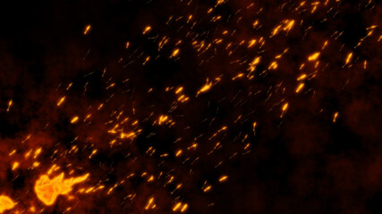 Fototapeta na wymiar Burning red hot flying sparks fire from left to right in the night sky. Beautiful abstract background flying wing shape on black background. The particle like a lot of insects or bugs.
