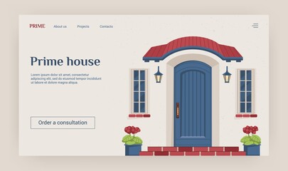 Door landing page. Website interface design. Sale of prime houses. Cartoon residential building facade with doorway and porch. Realtor agency and property purchase. Vector UI template