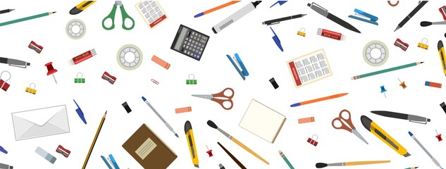 Stationery. Horizontal background for advertising a store, company. illustration. Isolated on a white background. Pencils, pens, felt-tip pens, brushes, erasers, scissors, adhesive tape. Vector - obrazy, fototapety, plakaty