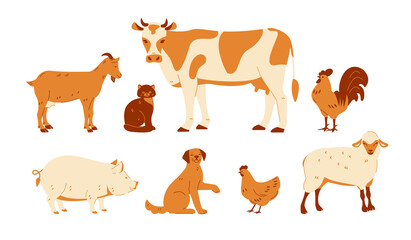 Set of farm animals. Cow goat sheep cat dog rooster chicken pig. Vector illustration in flat cartoon style. Isolated on a white background.