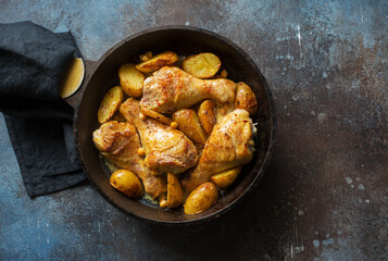 Roasted chicken drumsticks, baked potatoes and chickpeas in a skillet