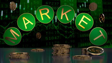Inscription Market in gilded letters on the background of symbols of coins and the stock exchange board. 3D rendering. Finance concept. Layout for design