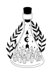 Magic bottle. Witchcraft. Vial with crystals, leaves, stars. Gothic style. Vector black and white illustration. Esoteric symbol. Tattoo, logo, art for print, posters, t-shirts