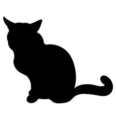Black cat vector icon. The pet is sitting. Hand-drawn silhouette of the beast. Isolated illustration of an animal on a white background. Domestic cat.