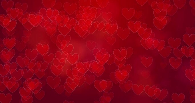 4k Seamless looped video. Abstract  flying  hearts on red background. Valentines day concept