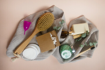 Fototapeta na wymiar Eco-friendly beauty products, natural organic bathroom tools. No Plastic life.