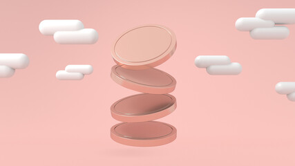 3d gold coins stack,Golden Coins Stack Growing Graph On Pink Background With Money Saving Concept Financial Planning, Floating concept rose gold cute design and plain background minimal with copy spac