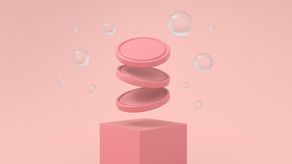 3d gold coins stack,Cute Cartoon Cloud, Frosted Glass and Ring
 On Pink Background With Money Saving Concept Financial Planning, Floating concept rose gold cute design and Pink Podium, Cryto