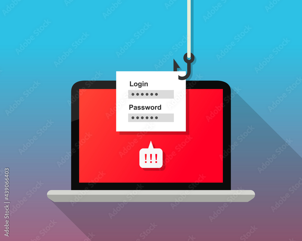 Poster phishing concept, hacker stealing login and password information from laptop screen using a fishing 
