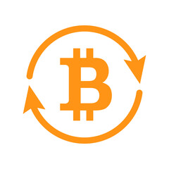 Bitcoin icon and arrow around it as exchange, trade, trading and market concept. Coin and crypto currency sign, symbol. Vector illustration isolated on white background.