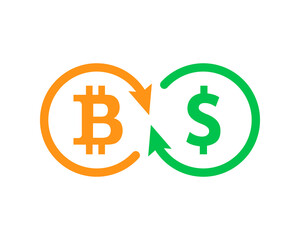 Bitcoin and dollar sign as exchange, trade and transaction concept. Coin, crypto currency and money symbol, trading, buying and selling.