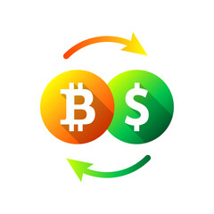 Bitcoin and dollar sign as price, exchange rate, buy, sell, trade and transaction concept. Crypto currency, coin and money value symbol. Trading, buying and selling.