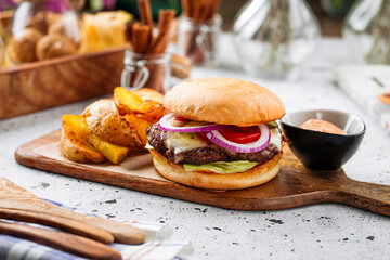 Classic burger set with jalapeno and potato wedges