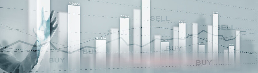 Buy and sell finacial concept. Business Graph Stock Market chart. Digital charts and screen interface. Panoramic banner