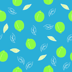 Lemons seamless pattern with green citrus fruit and leaves, blue background vector drawing
