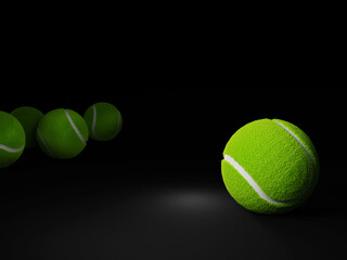 Tennis ball placed on a dark floor and black background - 3D rendering