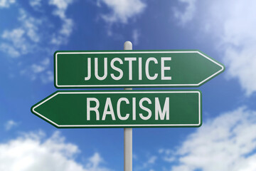 Justice or Racism - green road sign on sky background