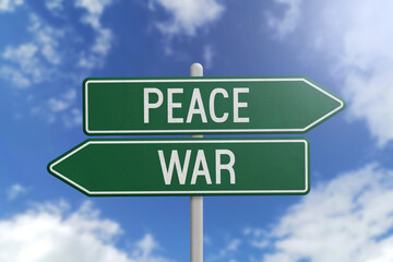 Peace or War - green road sign on sky background