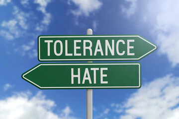 Tolerance or Hate - green road sign on sky background