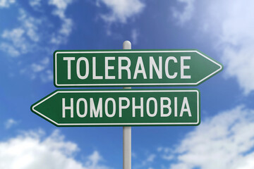 Tolerance or Homophobia - green road sign on sky background