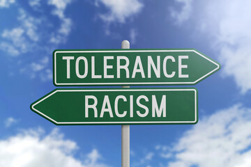 Tolerance or Racism - green road sign on sky background