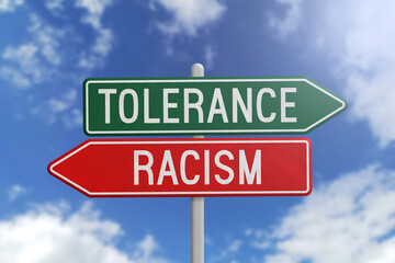 Tolerance or Racism - green and red road sign on sky background