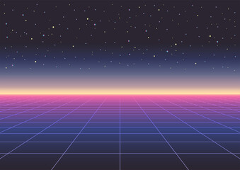 Neon light grid landscape. Futurism vector. Retrowave, synthwave, rave, vapor wave party background. Retro, vintage 80s, 90s style. Black, purple, pink, blue colors. Print, wallpaper, web template
