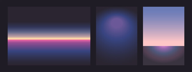 Neon light gradient. Futurism vector art set. Retrowave, synthwave, rave, vapor wave background. Retro, vintage 80s, 90s style. Black, purple, pink, blue, yellow colors. Print, wallpaper, web template