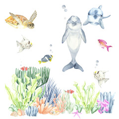 Marine funny creatures under water. Perfect for printing, web, textile design, various souvenir products.