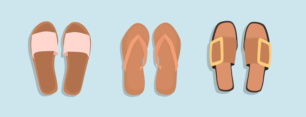 Women's summer shoes collection. Top view.  Female flip flops, shoes, sneakers. Hand draw vector illustration