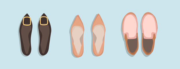 Women's summer shoes collection. Top view.  Female flip flops, shoes, sneakers. Hand draw vector illustration