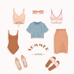 Women's summer outfit. Set of female clothes. Pink top, blue jeans, shorts, shoes, glasses. Hand drawn vector illustration