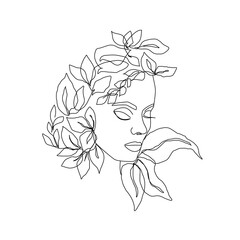 Woman Face with Flowers One Line Art Style Drawing. Continuous Line Art Minimalist Style for Wall Art, Print, Tattoo, Poster, Textile etc. Floral Female Fashion Face Vector illustration