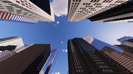 Fototapeta na wymiar 3d render of abstract bright city with skyscrapers. Simple forms of buildings in daylight. Forward camera movement.top of the abstract 3D city of white. Approach and distance to the height of a decent