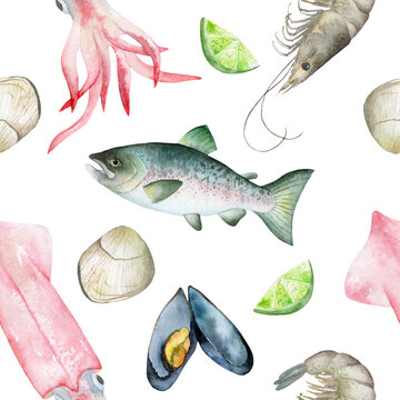 Seamless watercolor background with sea inhabitants