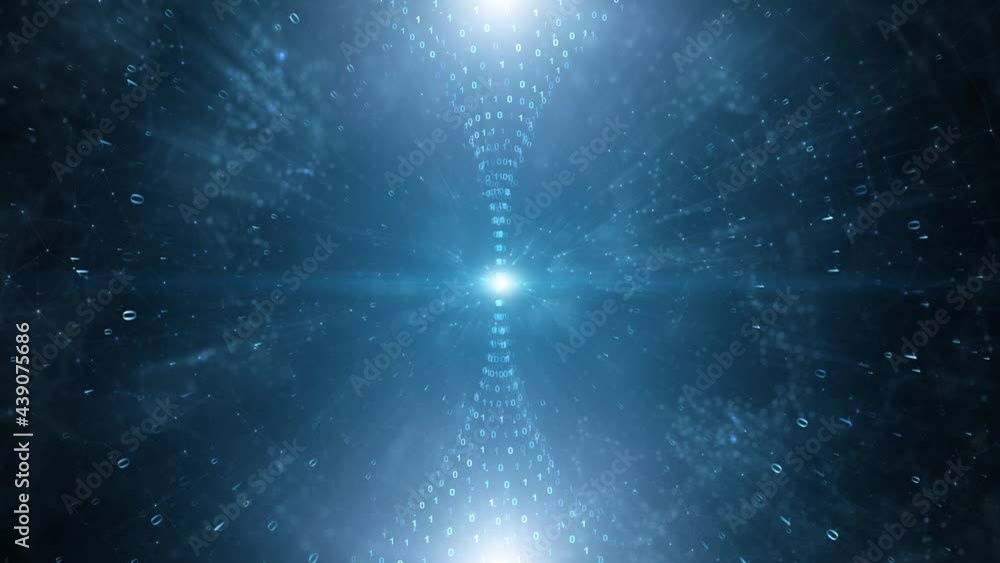 Aufkleber shining 3d binary numbers data tunnel in blue dark cyberspace network.