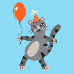 Cute cartoon gray cat holding a red balloon. Happy birthday colorful vector illustration. Festive poster of the World Day of cats. Gray cat in a cap and with a balloon. Postcard for children's events
