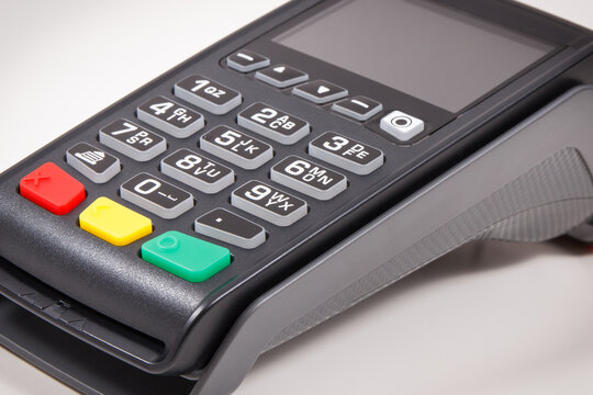 Credit card reader as device using for cashless paying. Payment terminal. Finance concept