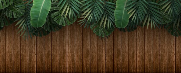 green tropical leaves on wooden background, 3d rendering