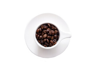 Coffee beans roasted in a cup that is placed on a white background.