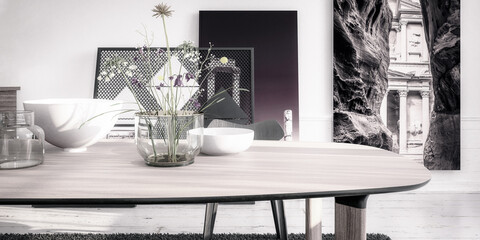 Modern Table Set With Decor - panoramic black and white 3D Visualization