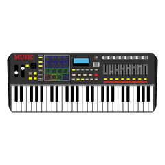 Electronic keyboard musical instrument synthesizer. Modern electro piano. Pop, disco, dance, jazz equipment. Isolated on white background.