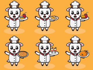 Vector illustration of cute Goat Chef with food cartoon set. Good for icon, logo, label, sticker, clipart.