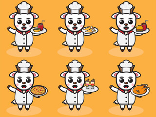 Obraz premium Vector illustration of cute Goat Chef with food cartoon set. Good for icon, logo, label, sticker, clipart.