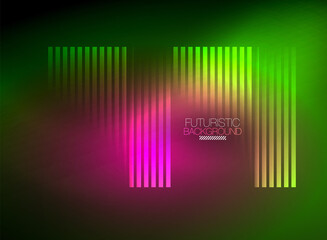 Bright neon color techno abstract background, shiny glowing neon lines in the dark background