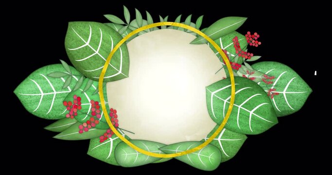 Stylized picture frame made of animated leaves. An endlessly looped vegetable underlay with a blank space for text or information. Floral sign with transparent background.