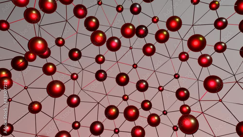 Poster abstract looped animated background. silver spheres with red illumination connected by a three-dimen