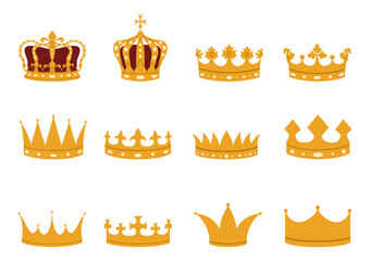 Set of gold crowns in a flat style. Imperial, royal, princely, monarchical, ducal and county crowns.