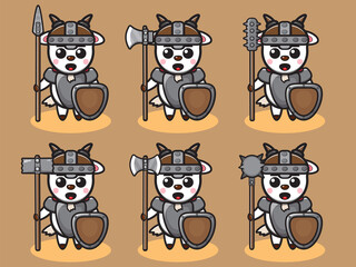 Vector illustration of cute Goat Knight with big weapon and shield cartoon set. Good for icon, logo, label, sticker, clipart.