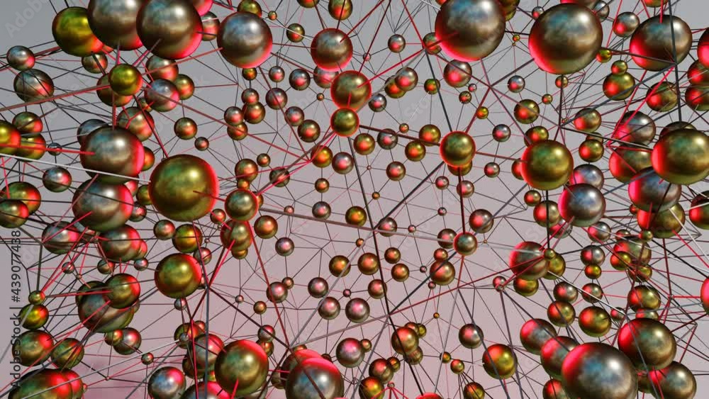 Fototapete abstract looped animated background. silver spheres with red illumination connected by a three-dimen